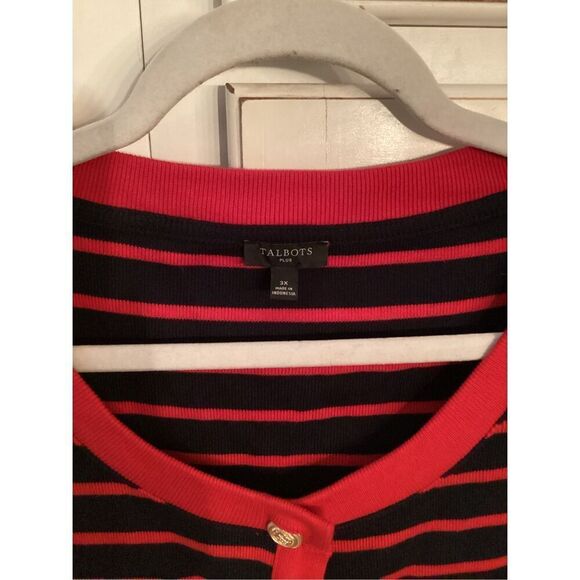 Talbots Plus Patch Pocket Cardigan Sz 3X Delfina Stripe Navy Red - Picture 3 of 9